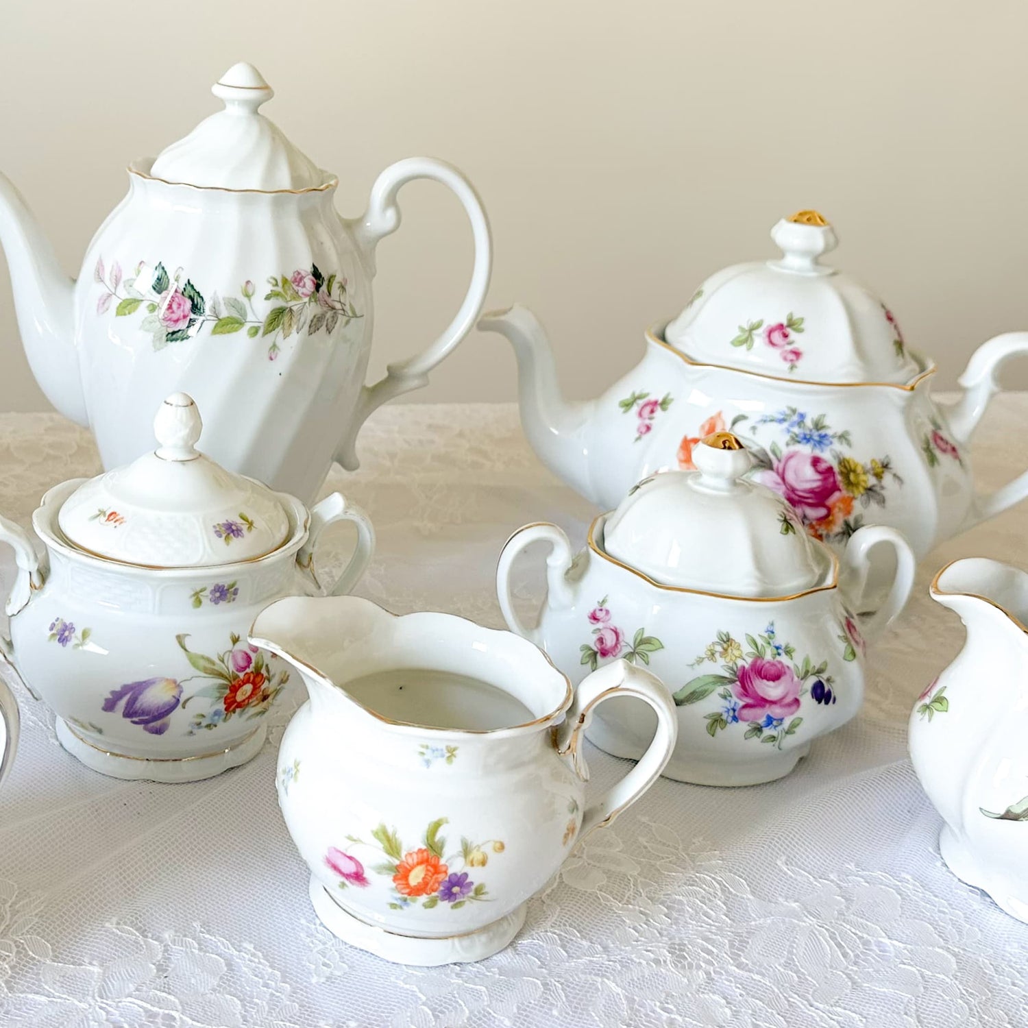 vintage teapots with sugar pot & creamer