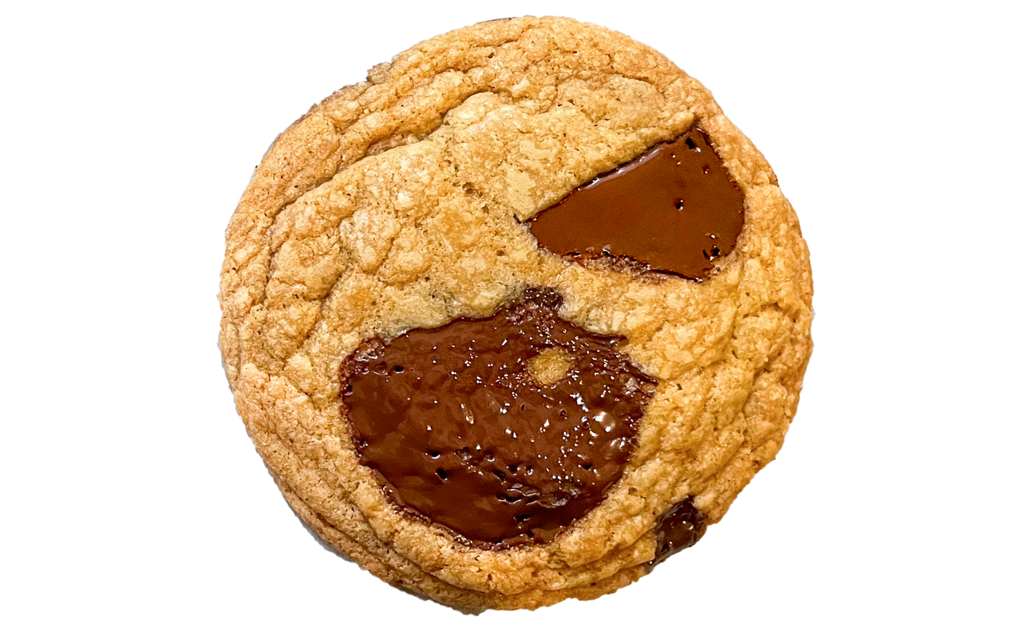 Chocolate chip cookie with large chocolate chunks on a white background
