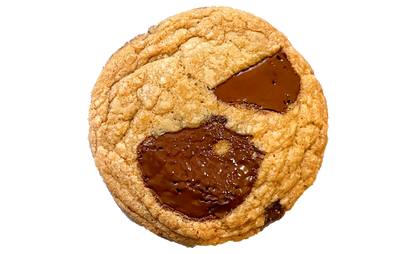 Chocolate chip cookie with large chocolate chunks on a white background