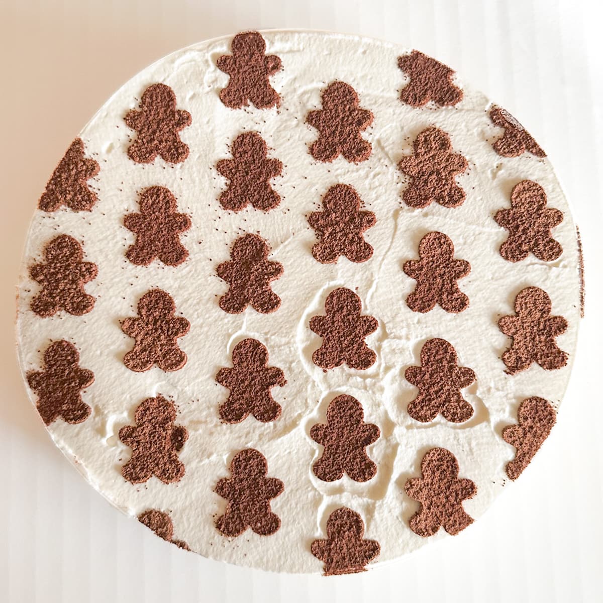 Tiramisu cake topped with holiday cocoa powder gingerbread pattern on a white table. 