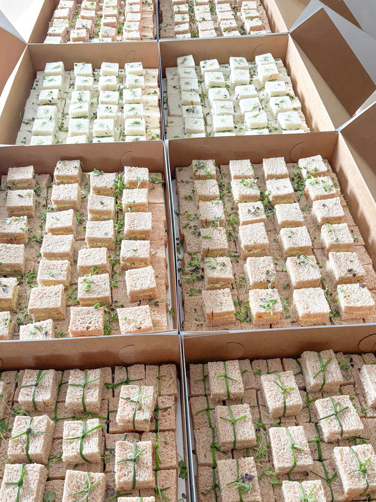 Open cardboard boxes filled with many small square tea sandwiches, topped with microgreens, arranged in a grid.