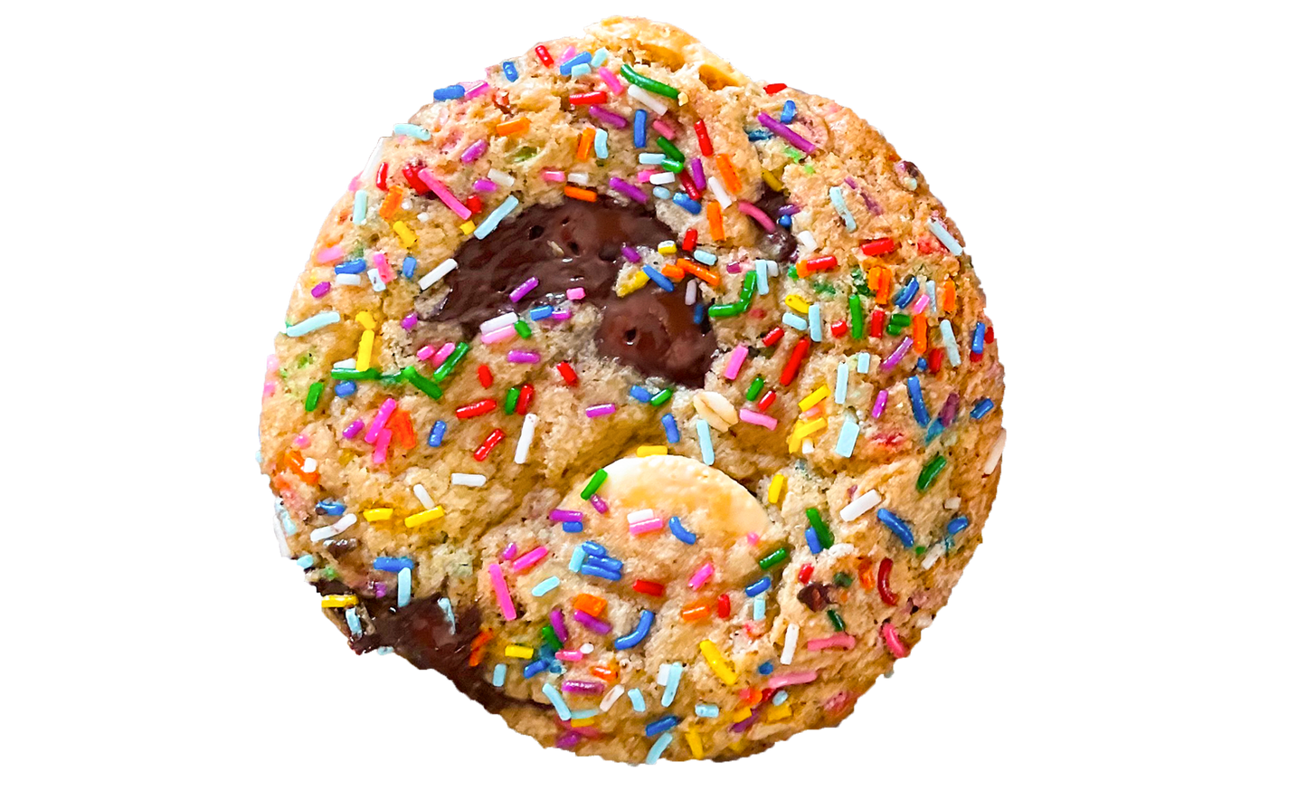 Confetti cookie with colourful sprinkle, semi-sweet and white chocolate chips.