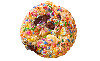 Confetti cookie with colourful sprinkle, semi-sweet and white chocolate chips.